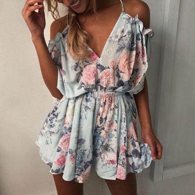 China 2018 Floral Flower Shoulder Chiffon Romper Overalls Girl Lady Nightwear Women Summer Casual Sexy Hot Formal Anti-Static Clothing One Piece for sale