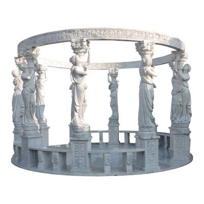 China Large Gazebo Traditional Natural Stone Carving Pavilion Outdoor Marble Sculpture With Lady Statue for sale