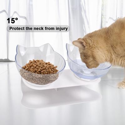 China Free Sample Non-automatic Plastic 2 Pet Feeding Bowl Lightweight Plastic Cat Ears Pet Tilted 15 Degree Transparent Cat Double Bowl for sale