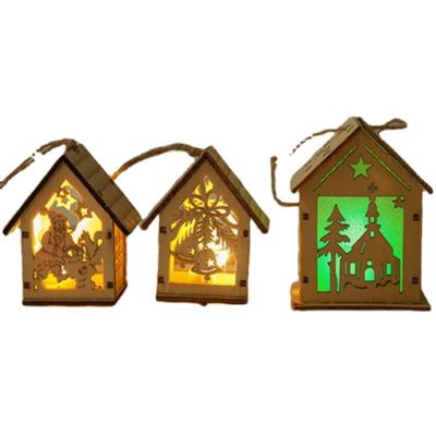 China Carving Creative Diy Assembly Glow Log Cabin Snow Room Decoration Wooden Christmas Light Box for sale