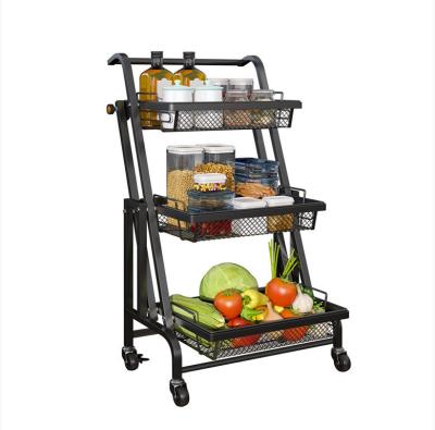 China Practical Foldable Rolling Cart Stored 3-Layer Vegetable Steel Mobile Metal Trolley Kitchen Cart Multi-Functional Storage for sale