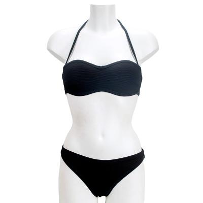 China Breathable Young Girls Bandeau Bikini Swimwear In Cotton Seersucker Fabric Halter Top Bikini With Removable Pads for sale