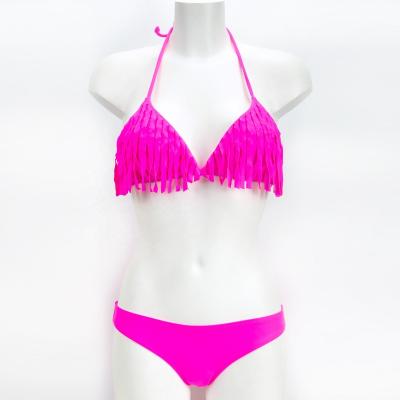 China Breathable Custom Tassel Bikini Young Girls Sexy Triangle Bikini Set In Neon Pink for sale