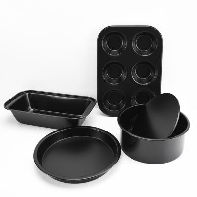 China Viable Black Coated Non-Stick Carbon Steel Bakeware Heat Resistant Cake Pan Set Bread Roll Pizza Cheese Pan for sale