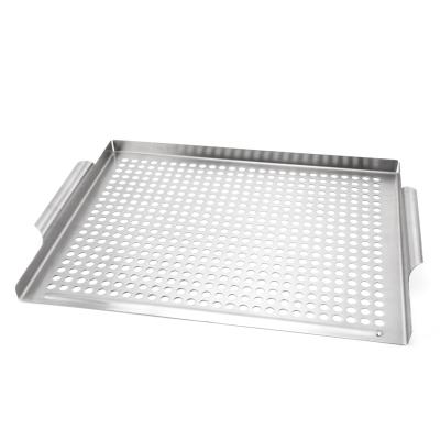 China Vegetable Basket 14.4 Inch 18/0 Stainless Steel Rectangle BBQ Dustproof Meat Topper Tray Grilling Pan For Fish for sale