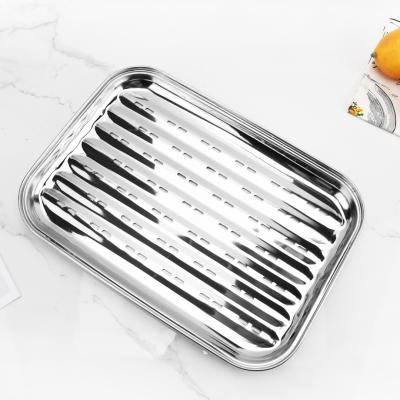 China 34cm Stainless Steel Rectangle Flatfish Pan BARBECUE Dustproof Perforated Grill Topper Tray Basket for sale