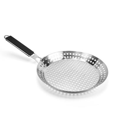 China 30cm Stainless Steel BBQ Basket Grill Pan With Folded Wood Handle Dustproof Pan for sale