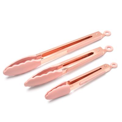 China Sustainable Rose Gold Coated Stainless Steel Silicone Kitchen Food BBQ and Cooking Tongs Set for sale