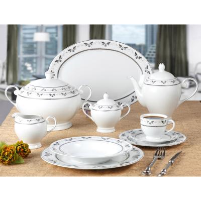 China Sustainable Super White Fine Porcelain Dinnerware Set With Silver Butterfly Design for sale