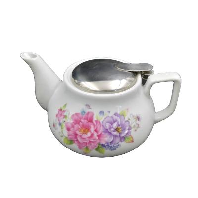 China Sustainable white porcelain ceramic teapot with stainless steel lid/cover and strainer in nice flower decal for sale