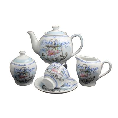 China Viable Porcelain 15pcs Tea Set with Sea Voyage Design with Teapot Cup and Saucer Creamer and Sugar Pot for sale