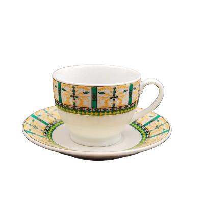 China Viable Super White Porcelain Cup And Saucer Set For Coffee With Real Green Gold Line Decal Printing Chaozhou Factory Cheap Price for sale