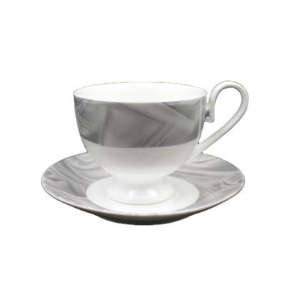 China New Bone China Gray Marble Porcelain Decal Coffee Tea Stocked Ceramic Cup And Saucer Set With Printing Decal Gold Rim for sale