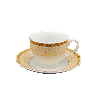 China Viable ceramic coffee cup and saucer tea set with real gold decal line printing cheap wholesale factory price raoping for sale