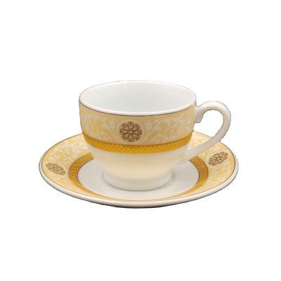 China Viable ceramic porcelain coffee/tea cup and saucer set with real gold decal line printing cheap wholesale factory price raoping for sale