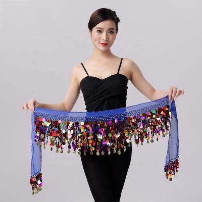 China Hip Scarf Colorful Gold Coins Chiffon Belly Dance Hip Scarf Dance Skirt Belt Waist Chain for sale