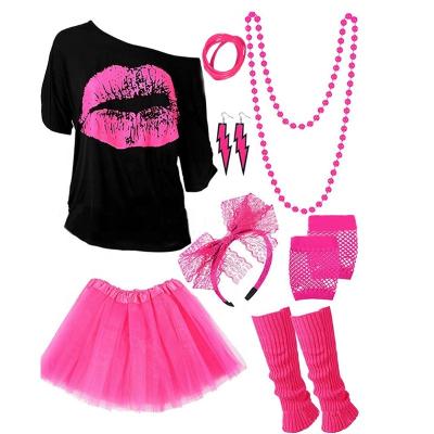 China Polyester 80s Costume Accessories Set T-Shirt Tutu Headband Earring Necklace Leg Warmers for sale