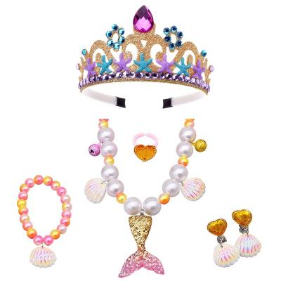 China Plastic Girls Princess Necklace Bracelets Ear Clips Set Mermaid Pendant Colorful Plastic Princess Party Dress Up Pretend Play Set for sale