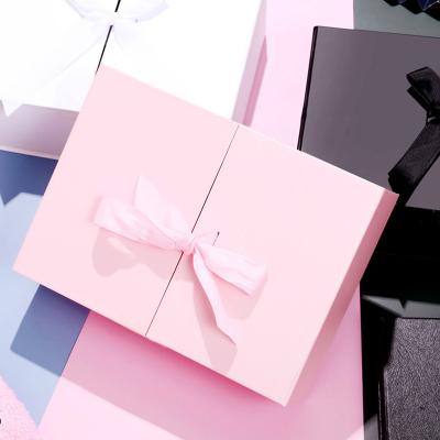 China Recyclable Double Door Folding Simple Solid Color Atmosphere Cosmetics Boxes Wedding Birthday Party Jewelry Gift Box Packaging With Ribbon for sale