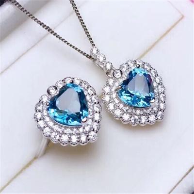 China Fashion Romantic Hot Style Natural Topaz Set Rings Heart Shape 925silver Inlay Blue Topaz Pendants for sale