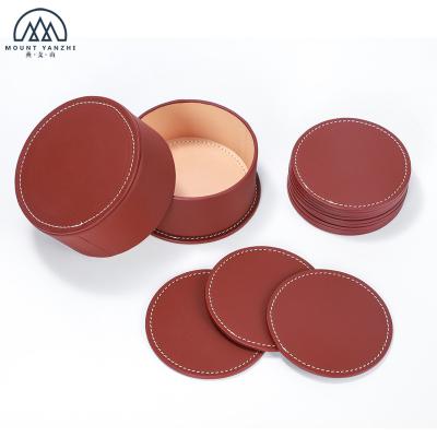 China Viable Colorful Luxury Premium Genuine Smooth Leather Coaster Set For 12 Pcs Beverage With Stand for sale