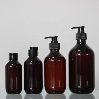 China 150/200/500 /300ml Cosmetic Liquid PET Plastic Bathing Shampoo Bottles With Pump Dispenser / Black Screw Cap for sale