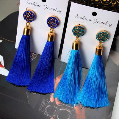 China BOHEMIA Fashion Gold Rose Flower Metal Fan Long Tassel Drop Earrings For Women QY0012 for sale