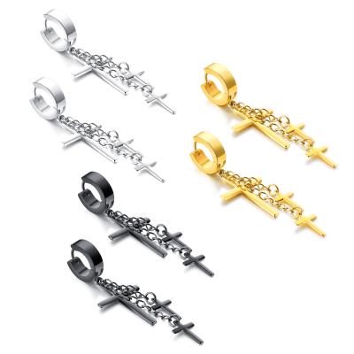 China Hiphop Fashion Korean Titanium Steel Men's Ear Studs Fashion Street Hip Hop Black Ear Studs Men Cross Dangle Earrings for sale