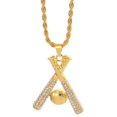 China Hiphop Hiphop 2021 Iced Out Crystal Rhinestone Gold Baseball Bat Pendant Necklace For Men for sale