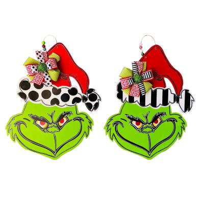 China Wooden PET Christmas Decorations House Number Grinch Head Door Hanging Green Hair Monster Garland for sale