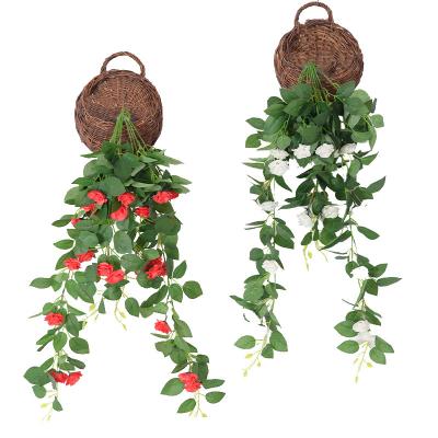 China Silk Simulation Rose Wall Hanging Flower Rattan Orchid Basket Balcony Home Wall Decoration Wholesale for sale