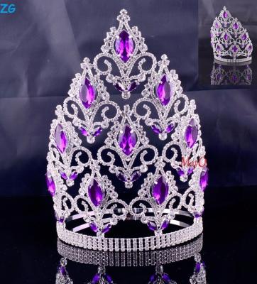 China Purple Crystal Pageant Crown New Big Fashion Trendy Elegant Design Wedding Hair Accessories For Princess for sale