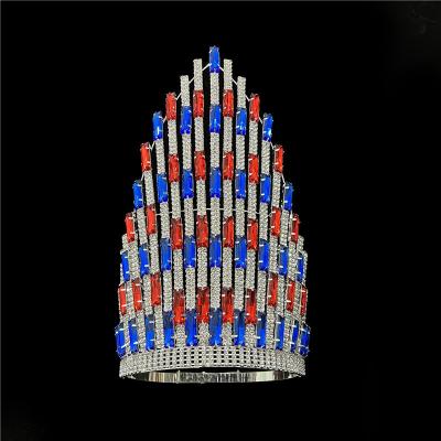 China Tall large rhinestone pageant crown tiara custom made tall 12 inch red blue rhinestone tiara for sale