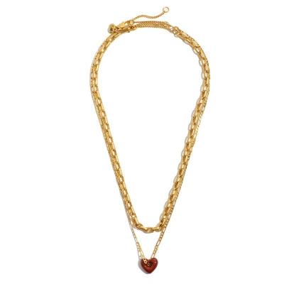 China Fashionable Long Thin Simple Brass Necklace Set Women Vintage Jewelry Multi Layer Enamel Red Heart Shape Chain Necklace for sale