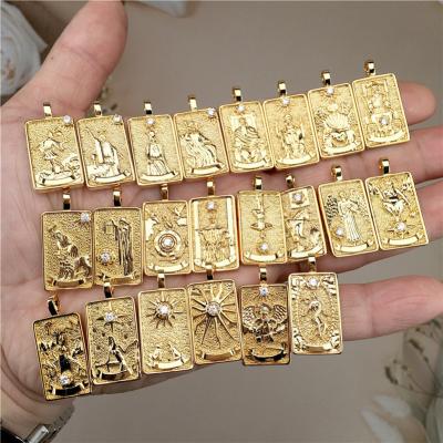 China CLASSIC Hot Sale Vintage Amulet Zircon 18k Gold Plated Stainless Steel Cuban Link Chain Tarot Square Pendant Necklace for sale