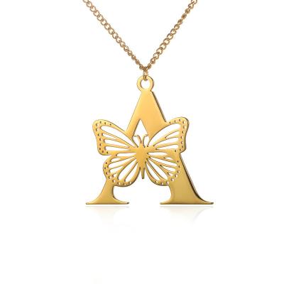 China Fine Hiphop Jewelry Personalized 18k Gold Plated A-Z Stainless Steel Butterfly Necklace with Initial Letter for sale