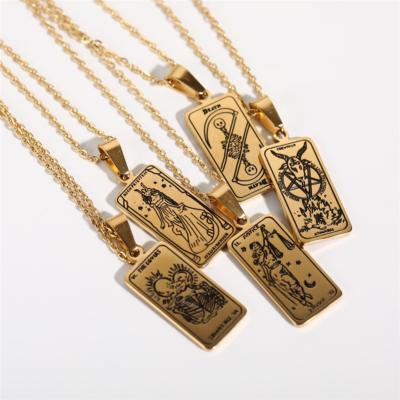 China Gold Plated Hiphop 18k Stainless Steel Square Necklaces Vintage Waite Couples Zodiac Arcana Tarot Card Pendant Necklace for sale