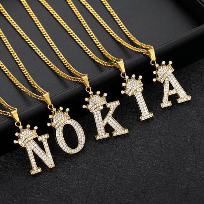 China Hiphop Stainless Steel Zircon Alphabet Necklaces Women Women Men Crown Wholesale Hip Hop Gold Chain Initial Letter Necklace for sale