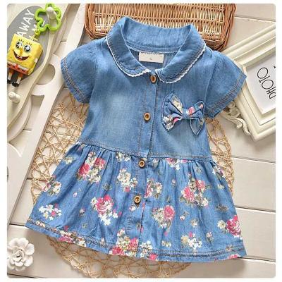 China Breathable Baby Denim Dress Summer Kids Short Sleeve Girls Casual Style Denim Turn Down Collar Kids Princess Bowknot Flower Dress for sale