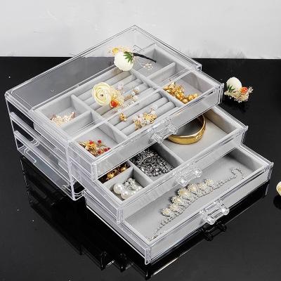 China Fashionable Top Luxury Custom Jewelry Storage Box Velvet Acrylic Drawer Sales Clear Acrylic Jewelry Organizer With 3 Drawer for sale