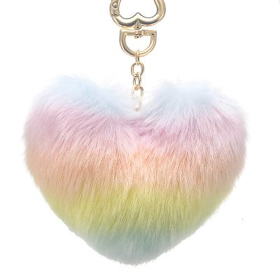 China High Quality Fashion Kawaii Cute Girly Plush Rainbow Heart Pom Pom Fur Ball Keychain Love Fluffy Key Chain Pendant For Women Handbags for sale