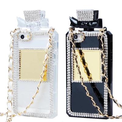 China Fashion Bling Glitter iPhone 12 13 Shockproof Diamond Phone Case For Max With Crossbody Lanyard Chain Perfume Bottle Back Cover for sale