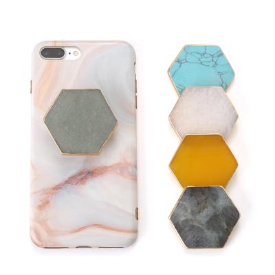 China Mobile Phone Adjustable Gold Plated Stone Handle Unakite Natural Stone Carves Phone Slices Holders for sale