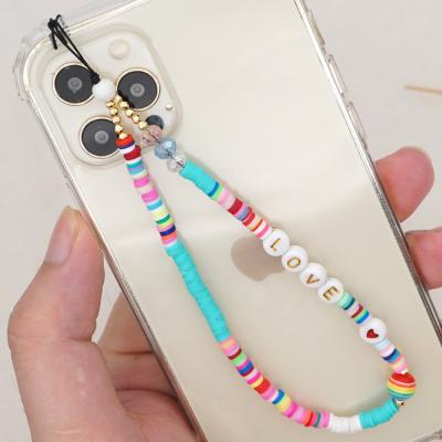 China Fashion Cute Colorful Milky Acrylic Beaded Chain Cute Flower Butterfly Charm Mobile Phone Strap for sale