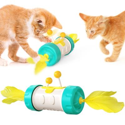 China Hot Sale Viable Amazon Cat Toy Interactive Balance Wheel 360 Degree Rotating Funny Toy For Pet With 2 Feather for sale