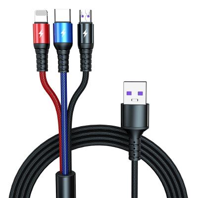 China Mobile Phone High Quality Nylon Braided 5A Super Fast Charging Cables 3 In 1 Data Transfer Mobile Phone Accessories 1.2M Usb Charge Cable for sale