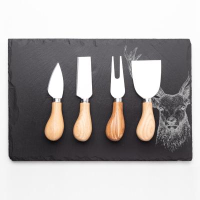 China Sustainable Slate Cheese Board Set With Laser Marking Slate Board With Stainless Steel Cheese Knives For Christmas for sale