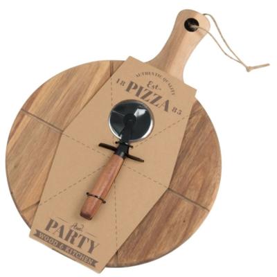 China Sustainable acacia wood pizza board with handle stainless steel blade pizza wheel wooden pizza board set for sale