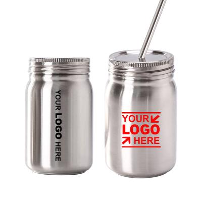 China 14oz Double Layer Stainless Steel Stocked Mason Jar With Straw Vacuum Insulation Juice Bottle With Lid Promotional Gift Custom for sale