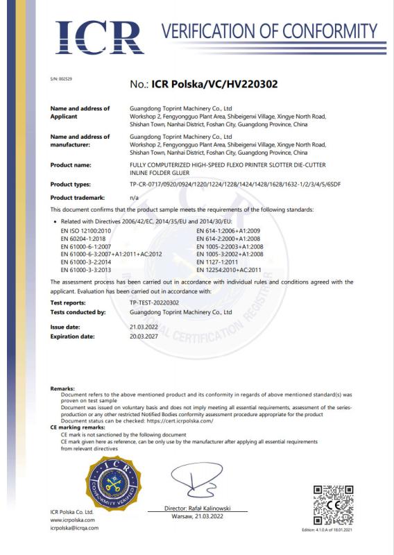 CE Certificate - Guangdong Toprint Machinery Co., LTD